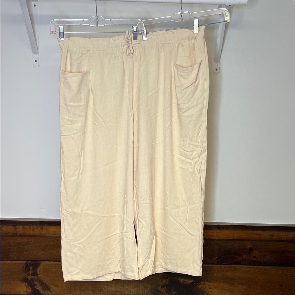 Amazon Cream Drawstring Elastic Waist Ankle Length Wide Leg Pants- 4XL
